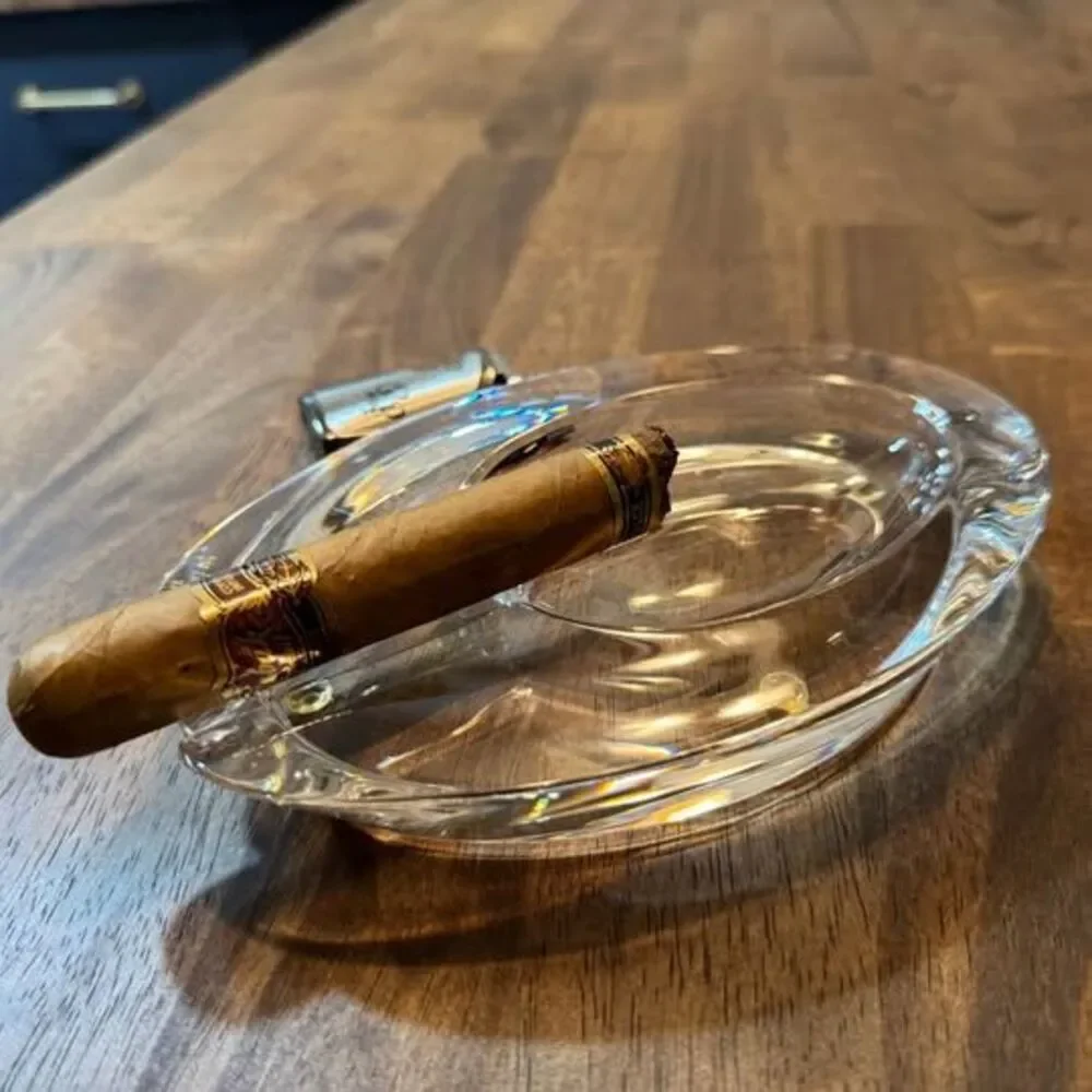 Nat Sherman Crystal Glass Cigar Ashtray – Heavy Etched Oval Ashtray